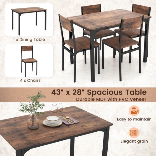 Costway 5 PCS Dining Table Set Industrial Style Kitchen Table & Chairs for 4 Gray Gray/Brown