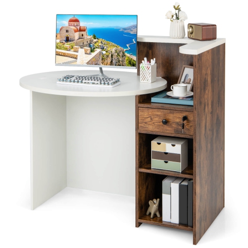 Costway Front Reception Counter Desk Checkout Office Desk with Open Shelf & Lockable Drawer