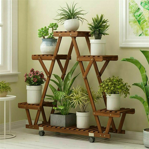 UNHO Plant Stand With Wheels Indoor Outdoor Wood Plants Shelf for Multiple Plants 6 Pots, Tall Large Flower Holder for Living Room, Patio, Balcony,
