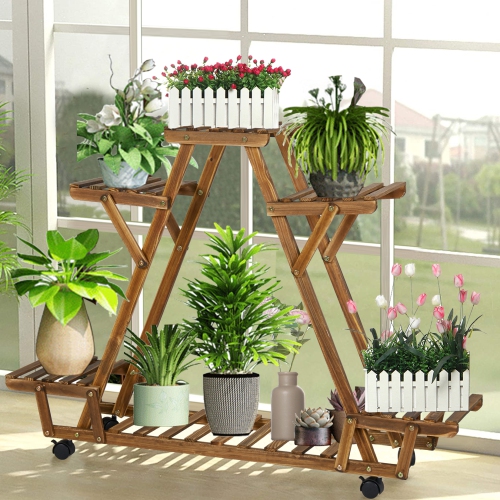 UNHO Plant Stand With Wheels Indoor Outdoor Wood Plants Shelf for Multiple Plants 6 Pots, Tall Large Flower Holder for Living Room, Patio, Balcony,