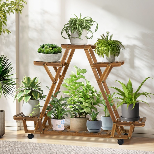 UNHO Plant Stand With Wheels Indoor Outdoor Wood Plants Shelf for Multiple Plants 6 Pots, Tall Large Flower Holder for Living Room, Patio, Balcony,