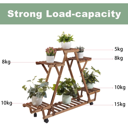 UNHO Plant Stand With Wheels Indoor Outdoor Wood Plants Shelf for Multiple Plants 6 Pots, Tall Large Flower Holder for Living Room, Patio, Balcony,