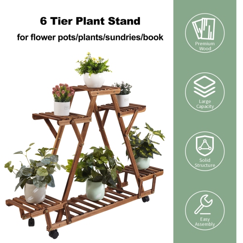 UNHO Plant Stand With Wheels Indoor Outdoor Wood Plants Shelf for Multiple Plants 6 Pots, Tall Large Flower Holder for Living Room, Patio, Balcony,