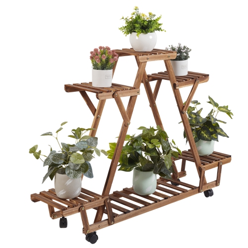 UNHO Plant Stand With Wheels Indoor Outdoor Wood Plants Shelf for Multiple Plants 6 Pots, Tall Large Flower Holder for Living Room, Patio, Balcony,