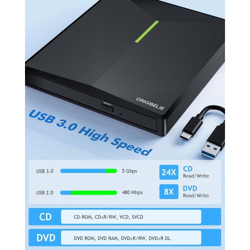 External CD DVD +/-RW Drive USB 3.0 Type C, Portable CD/DVD Player CD ROM Disk Drive for Laptop Desktop PC iMac MacBook Pro/Air Windows /XP Linux Mac