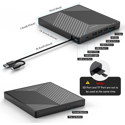 Lecteur de CD DVD +/-RW externe USB 3,0 de type C, lecteur CD/DVD portatif Lecteur CD-ROM pour ordinateur portatif de bureau iMac MacBook Pro/Air