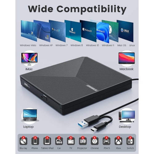 External CD DVD +/-RW Drive USB 3.0 Type C, Portable CD/DVD Player CD ROM Disk Drive for Laptop Desktop PC iMac MacBook Pro/Air Windows /XP Linux Mac
