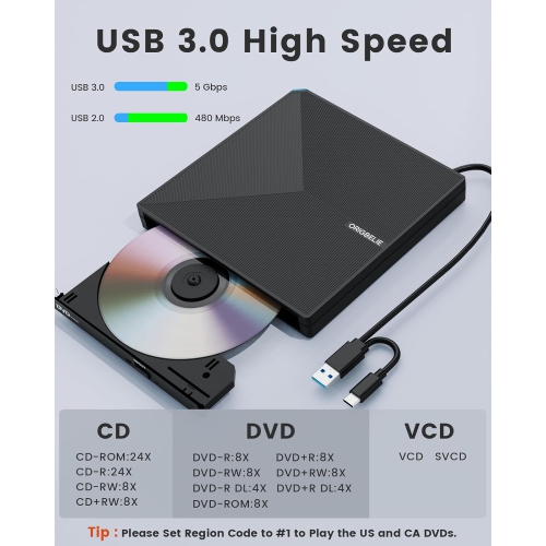 External CD DVD +/-RW Drive USB 3.0 Type C, Portable CD/DVD Player CD ROM Disk Drive for Laptop Desktop PC iMac MacBook Pro/Air Windows /XP Linux Mac