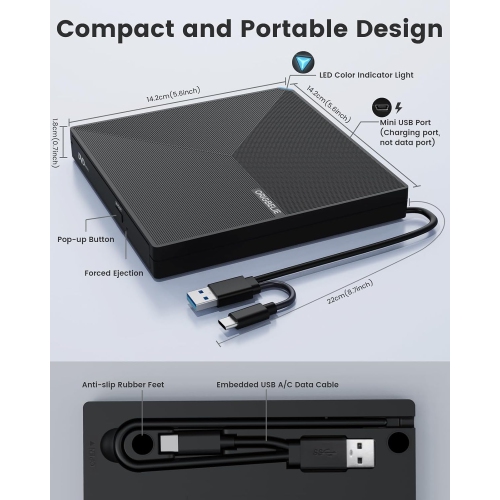 External CD DVD +/-RW Drive USB 3.0 Type C, Portable CD/DVD Player CD ROM Disk Drive for Laptop Desktop PC iMac MacBook Pro/Air Windows /XP Linux Mac