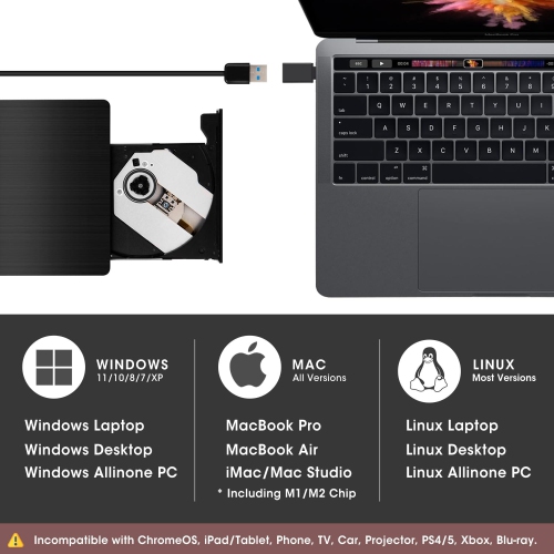 External CD DVD +/-RW Drive with Carrying Case, USB 3.0 Portable CD DVD ROM for Laptop PC Windows 11/10/8/7 Computer, Mac MacBook Pro/Air, Linux OS