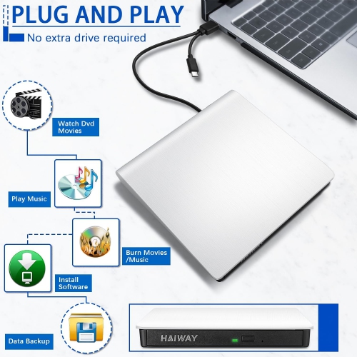 Lecteur DVD externe de Haiway, graveur de CD USB 3,0 de type C Portable CD DVD +/-RW Lecteur optique mince CD DVD ROM pour ordinateur portatif