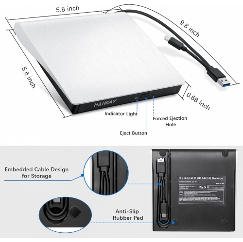 Lecteur DVD externe de Haiway, graveur de CD USB 3,0 de type C Portable CD DVD +/-RW Lecteur optique mince CD DVD ROM pour ordinateur portatif