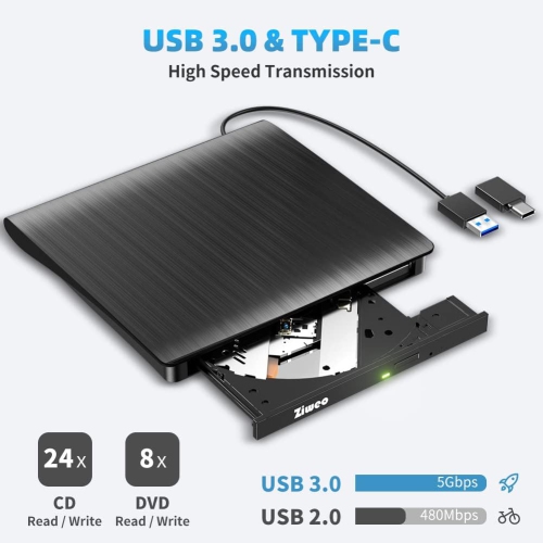 Portable CD +/-RW Drive DVD Player, External DVD Drive USB 3.0 Type-C CD Burner compatible with Laptop Desktop PC Windows MacBook Linux Mac OS, Black