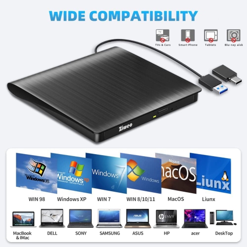 Portable CD +/-RW Drive DVD Player, External DVD Drive USB 3.0 Type-C CD Burner compatible with Laptop Desktop PC Windows MacBook Linux Mac OS, Black