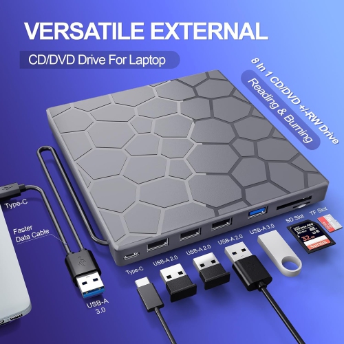 Lecteur DVD portatif ultra-mince USB 3,0 8-en-1 pour ordinateur portatif, lecteur CD/DVD externe pour ordinateur portatif, CD-ROM compatible avec PC