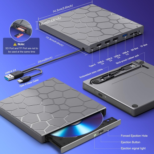 Lecteur DVD portatif ultra-mince USB 3,0 8-en-1 pour ordinateur portatif, lecteur CD/DVD externe pour ordinateur portatif, CD-ROM compatible avec PC