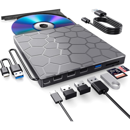8 in 1 USB 3.0 Ultra-Slim Portable DVD Player for Laptop, External CD/DVD Drive for Laptop, CD ROM Optical Compatible with Desktop PC Mac Windows Mac
