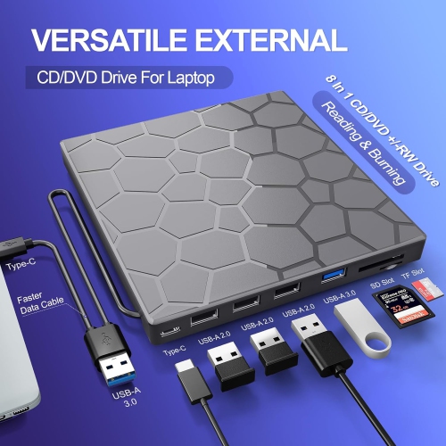 8 in 1 USB 3.0 Ultra-Slim Portable DVD Player for Laptop, External CD/DVD Drive for Laptop, CD ROM Optical Compatible with Desktop PC Mac Windows Mac