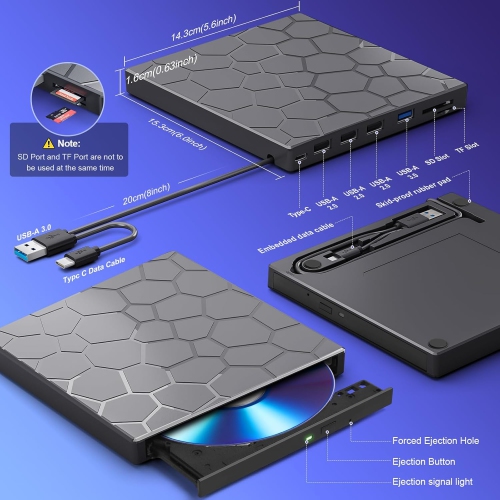 8 in 1 USB 3.0 Ultra-Slim Portable DVD Player for Laptop, External CD/DVD Drive for Laptop, CD ROM Optical Compatible with Desktop PC Mac Windows Mac