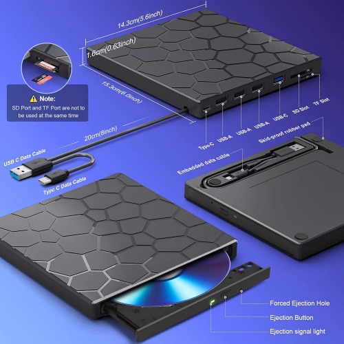 8 in 1 USB 3.0 Ultra-Slim Portable DVD Player for Laptop, External CD/DVD Drive for Laptop, CD ROM Optical Compatible with Desktop PC Mac Windows Mac