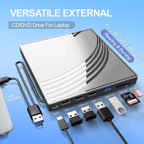 8 in 1 USB 3.0 Ultra-Slim Portable DVD Player for Laptop, External CD/DVD Drive for Laptop, CD ROM Disk Drive Optical Compatible with Desktop PC Mac
