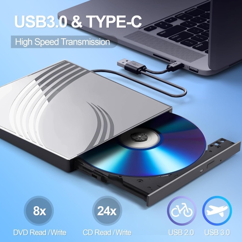 8 in 1 USB 3.0 Ultra-Slim Portable DVD Player for Laptop, External CD/DVD Drive for Laptop, CD ROM Disk Drive Optical Compatible with Desktop PC Mac