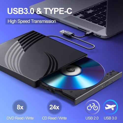 8 in 1 USB 3.0 Ultra-Slim Portable DVD Player for Laptop, External CD/DVD Drive, CD ROM Optical Compatible with Desktop PC Mac Windows Mac Linux OS