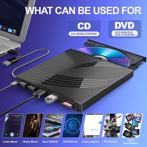8 in 1 USB 3.0 Ultra-Slim Portable DVD Player for Laptop, External CD/DVD Drive for Laptop, CD ROM Drive Optical Compatible with Desktop PC Mac