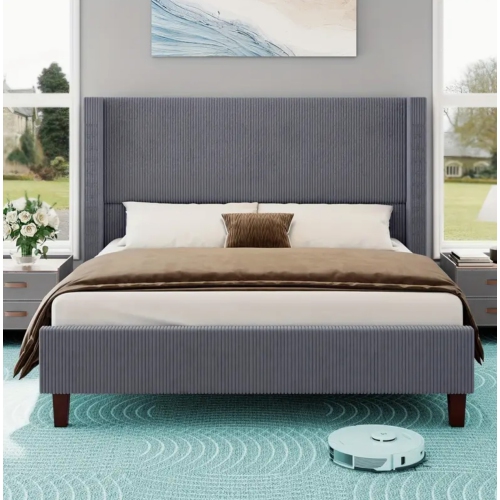 Cadre de lit plateforme recouvert 50,8 po, cadre de lit en velours côtelé, tête de lit à oreilles, pieds en bois massif, aucun sommier requis -