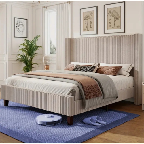 50.8" Upholstered Platform Bed Frame, Corduroy Bed Frame with Wingback Headboard with Solid Wood Legs, No Box Spring Needed-Taupe