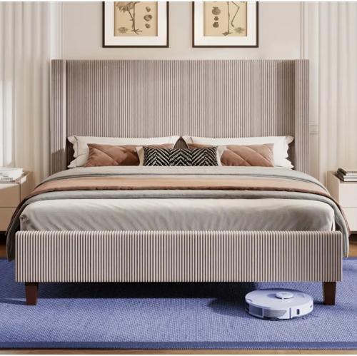 50.8" Upholstered Platform Bed Frame, Corduroy Bed Frame with Wingback Headboard with Solid Wood Legs, No Box Spring Needed-Taupe