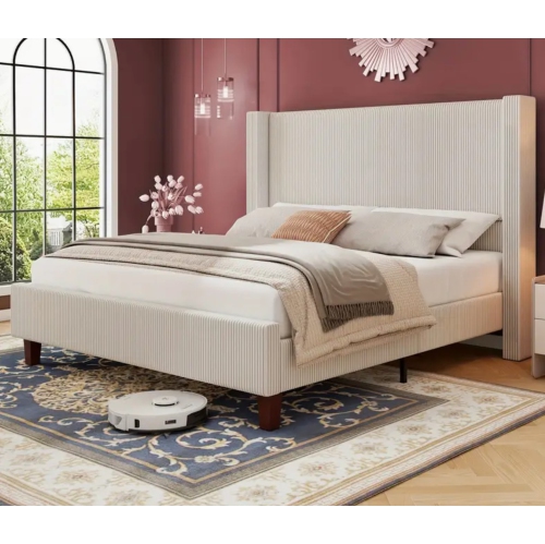 50.8" Upholstered Platform Bed Frame, Corduroy Bed Frame with Wingback Headboard with Solid Wood Legs, No Box Spring Needed-Beige