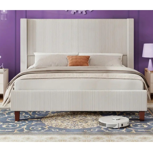 50.8" Upholstered Platform Bed Frame, Corduroy Bed Frame with Wingback Headboard with Solid Wood Legs, No Box Spring Needed-Beige