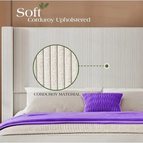 50.8" Upholstered Platform Bed Frame, Corduroy Bed Frame with Wingback Headboard with Solid Wood Legs, No Box Spring Needed-Beige