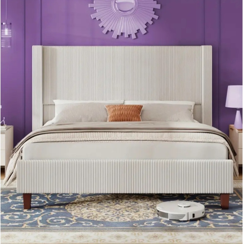 50.8" Upholstered Platform Bed Frame, Corduroy Bed Frame with Wingback Headboard with Solid Wood Legs, No Box Spring Needed-Beige