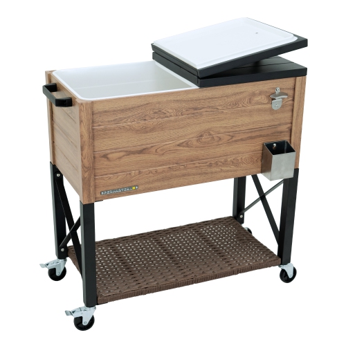 Permasteel - 80QT Rustic Wood Grain Patio Cooler w/Wicker Shelf