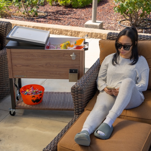 Permasteel - 80QT Rustic Wood Grain Patio Cooler w/Wicker Shelf