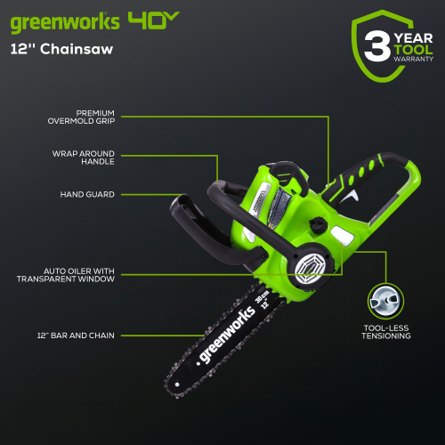 Greenworks 40V 12" Chainsaw, Battery and Charger Not Included