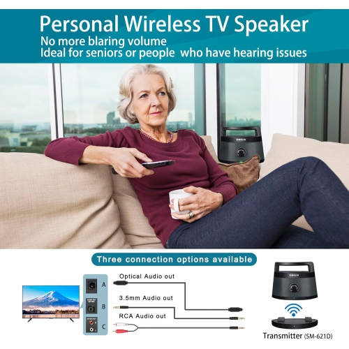 Haut-parleur sans fil SIMOLIO pour téléviseur avec entrée optique - Amplificateur auditif numérique assisté SM-621D pour aînés, mise en évidence