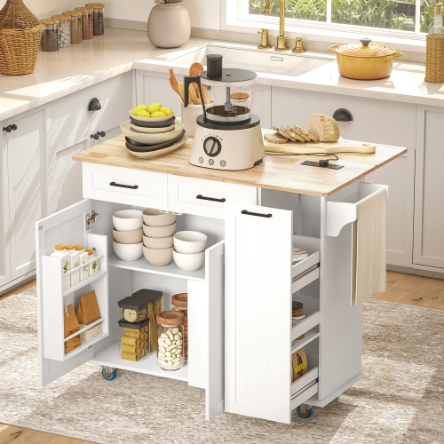 HOMCOM Rolling Kitchen Island with Drop Leaf, Power Outlet, Wood Top, Storage, Kitchen Cart with 2 Drawers, 2 Cabinets, Adjustable Shelf, Spice &