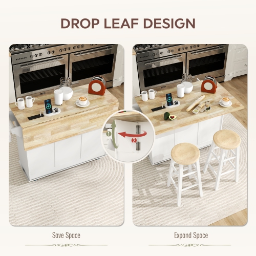HOMCOM Rolling Kitchen Island with Drop Leaf, Power Outlet, Wood Top, Storage, Kitchen Cart with 2 Drawers, 2 Cabinets, Adjustable Shelf, Spice &