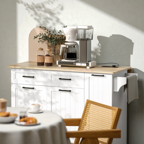 HOMCOM Rolling Kitchen Island with Drop Leaf, Power Outlet, Wood Top, Storage, Kitchen Cart with 2 Drawers, 2 Cabinets, Adjustable Shelf, Spice &