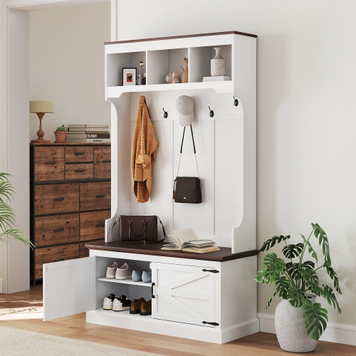 Portemanteau d'entrée 3-en-1 avec banc de HOMCOM, portemanteau debout avec rangement pour chaussures, cinq crochets, grain de bois blanc