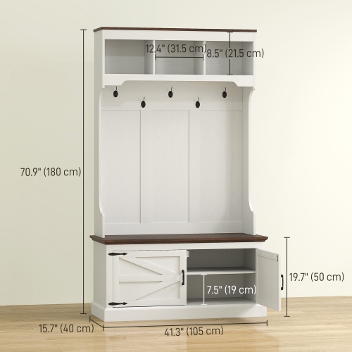 Portemanteau d'entrée 3-en-1 avec banc de HOMCOM, portemanteau debout avec rangement pour chaussures, cinq crochets, grain de bois blanc
