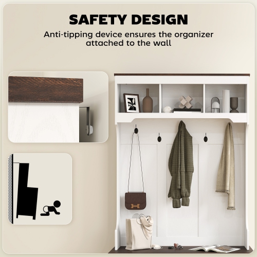 Portemanteau d'entrée 3-en-1 avec banc de HOMCOM, portemanteau debout avec rangement pour chaussures, cinq crochets, grain de bois blanc