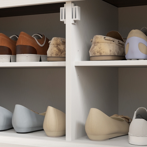 Portemanteau d'entrée 3-en-1 avec banc de HOMCOM, portemanteau debout avec rangement pour chaussures, cinq crochets, grain de bois blanc