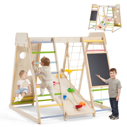 U-HOMY  9-In-1 Wood Jungle Gym | Astm Certified Climbing Set With Slide, Swing & Rock Wall | for Kids 1-8 Years - Wood Color