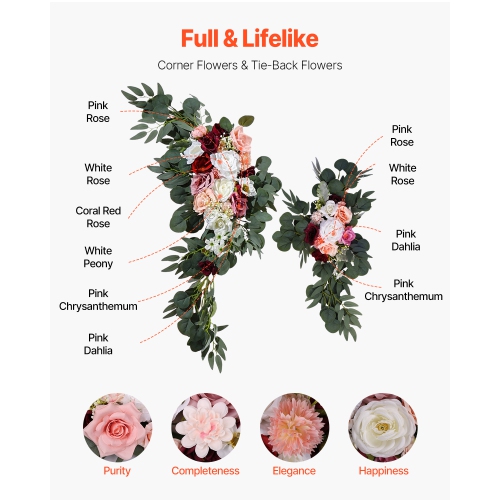 VEVOR Artificial Wedding Arch Flowers Kit, Pink Wedding Arch Flowers with Drapes Kit - 2 Pcs Floral Arrangement, 2 Pcs Sheer Drapes, for Ceremony