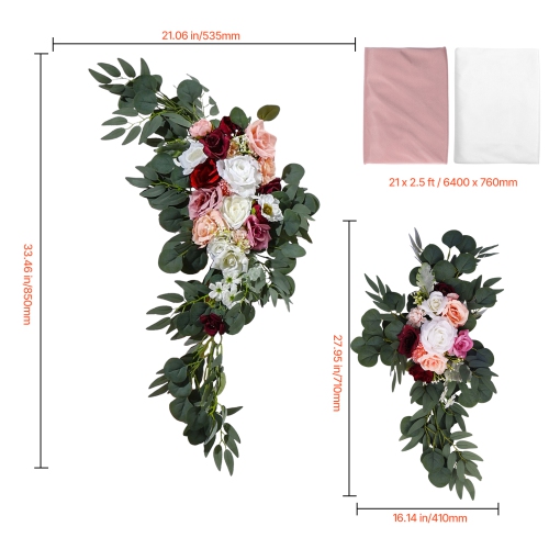 VEVOR Artificial Wedding Arch Flowers Kit, Pink Wedding Arch Flowers with Drapes Kit - 2 Pcs Floral Arrangement, 2 Pcs Sheer Drapes, for Ceremony
