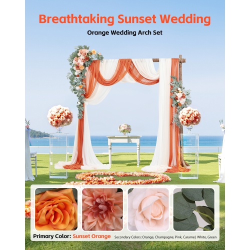 VEVOR Artificial Wedding Arch Flowers Kit, Orange Wedding Arch Flowers with Drapes Kit - 2 Pcs Floral Arrangement, 3 Pcs Sheer Drapes, for Ceremony